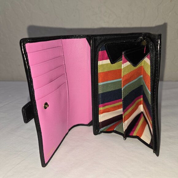 Coach 41831 Garcia Legacy Black Leather Compact Clutch Wallet Stripe Lining NWOT - Picture 1 of 10